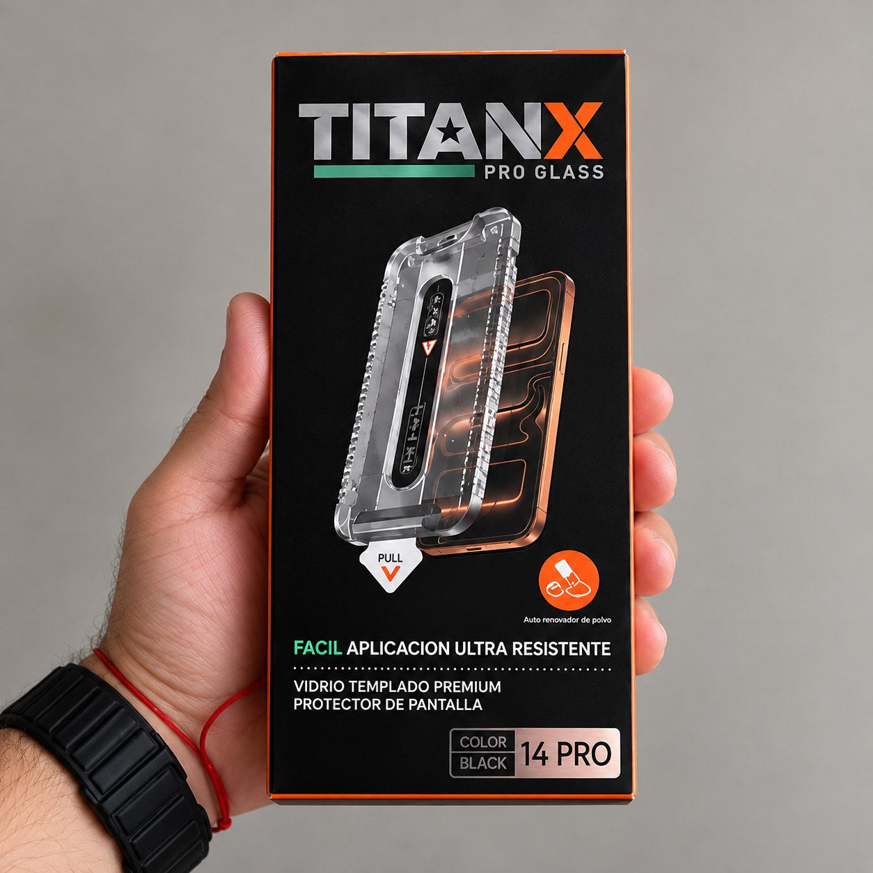 Caja TITANX Pro Glass con kit aplicador para iPhone